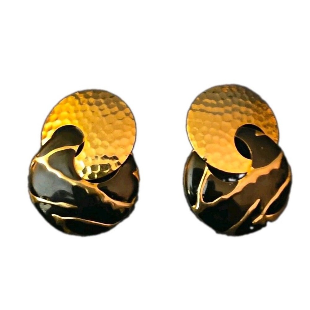 Hammered Copper & Black Enamel w Gold Texture Round Disc Dangle Drop Earrings 1"